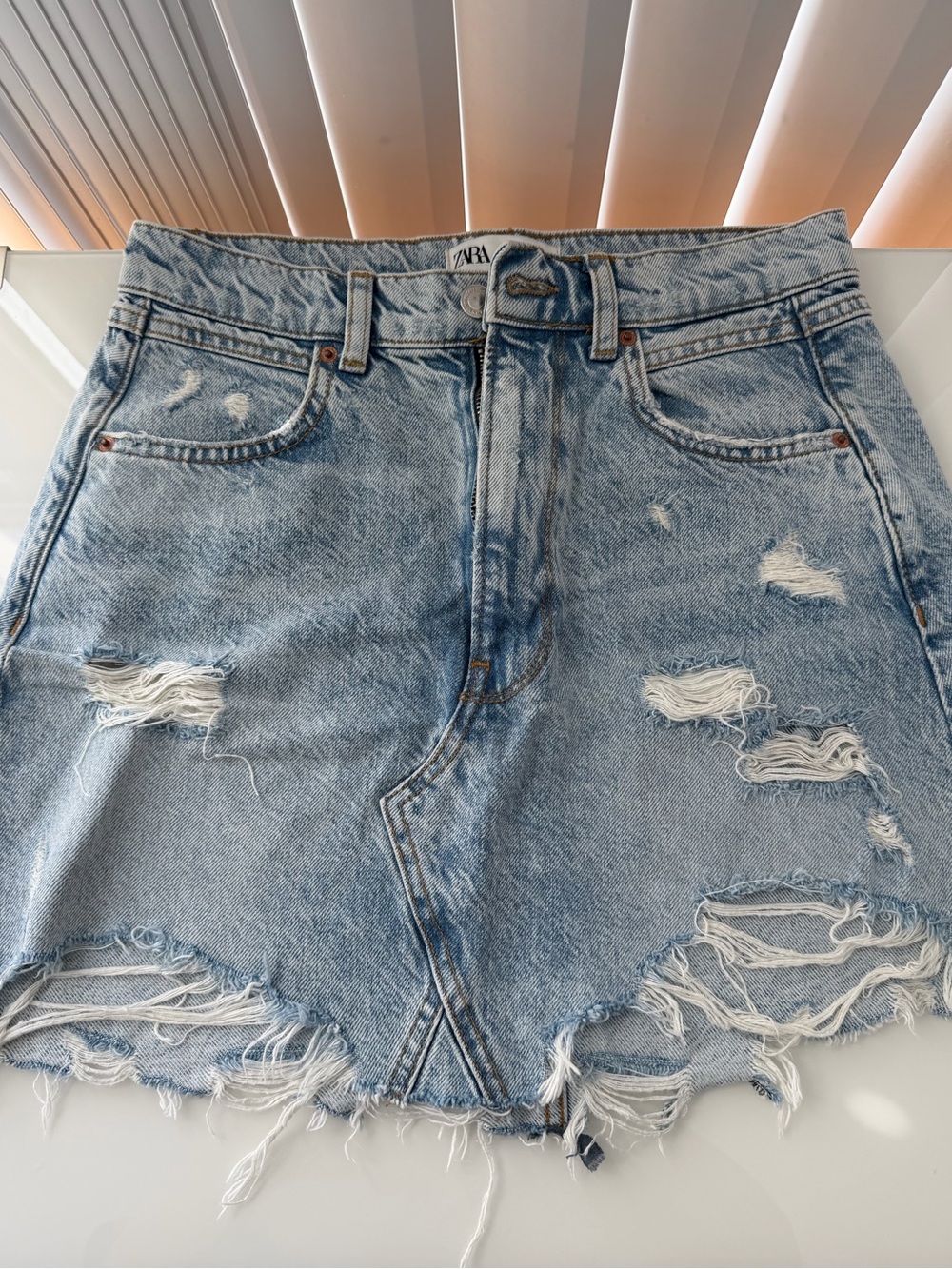 Zara Light Blue Distressed Denim Mini Skirt